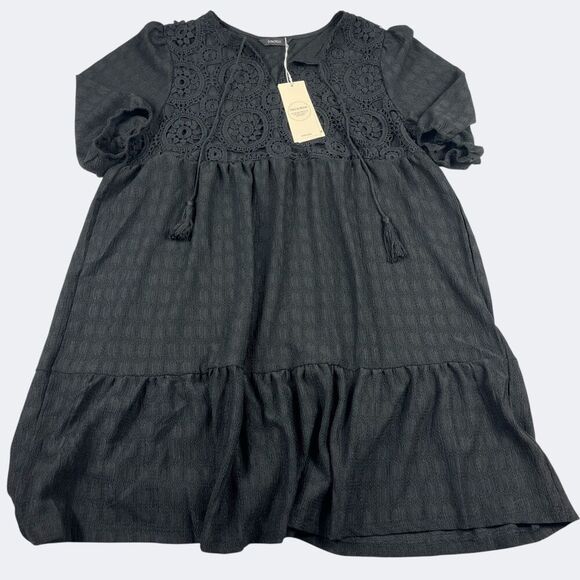 Dokotoo Eyelet Babydoll Dress Black Boho Cottagecore Puff Sleeve Tiered NWT  L - www.rajagirimanappuram.com